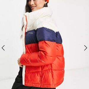 RARE Columbia Women's Puffect Color Block Jacket - Reddish Orange and Navy - M